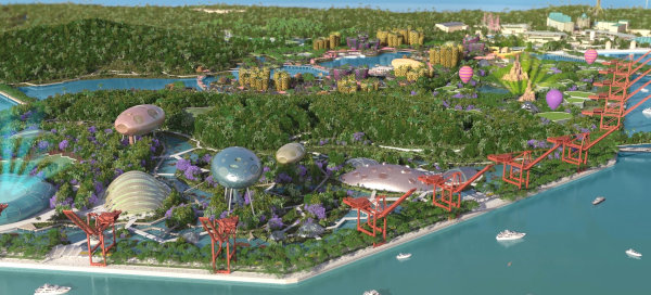 Aerial view of a futuristic theme park on a lush island with modern buildings, a bridge, and boats on the water.